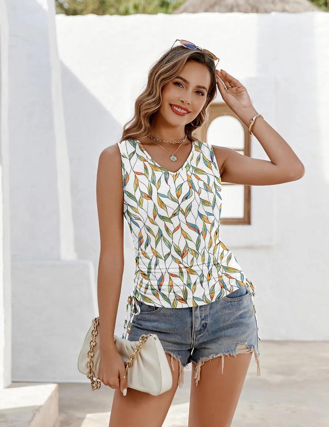 imageZeagoo Womens Tank Tops Sleeveless V Neck Casual Side Ruched Drawstring Summer ShirtsPwhite Leaf