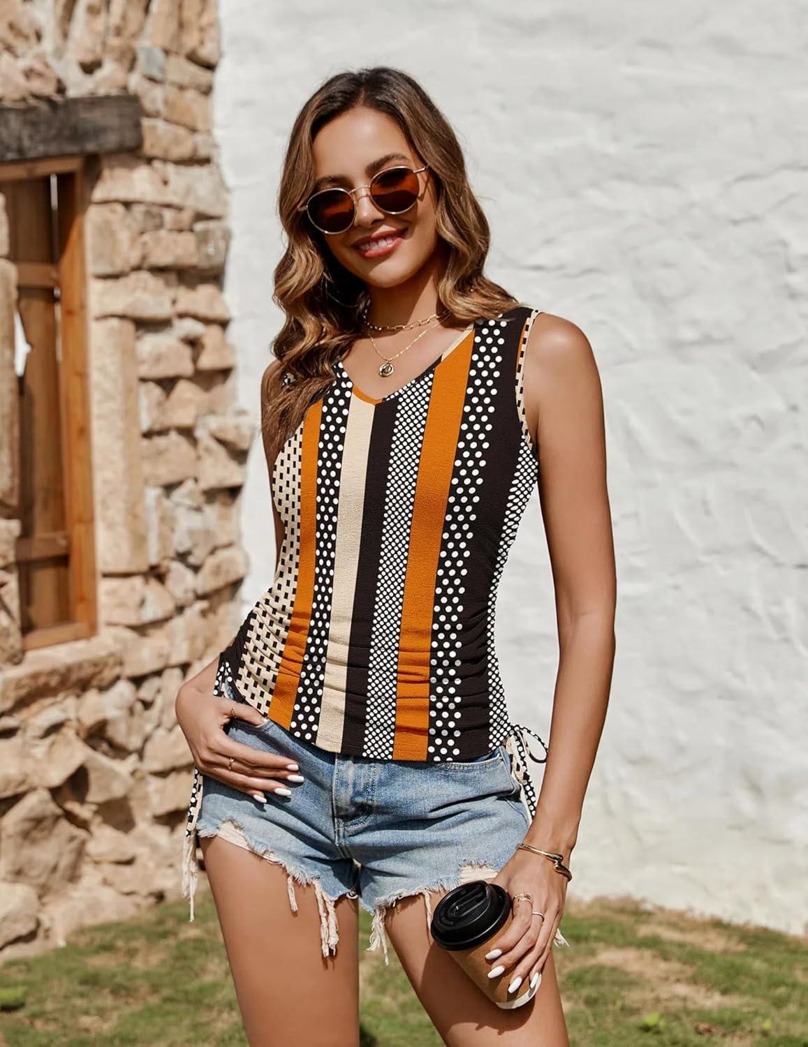 imageZeagoo Womens Tank Tops Sleeveless V Neck Casual Side Ruched Drawstring Summer ShirtsSblack Khaki