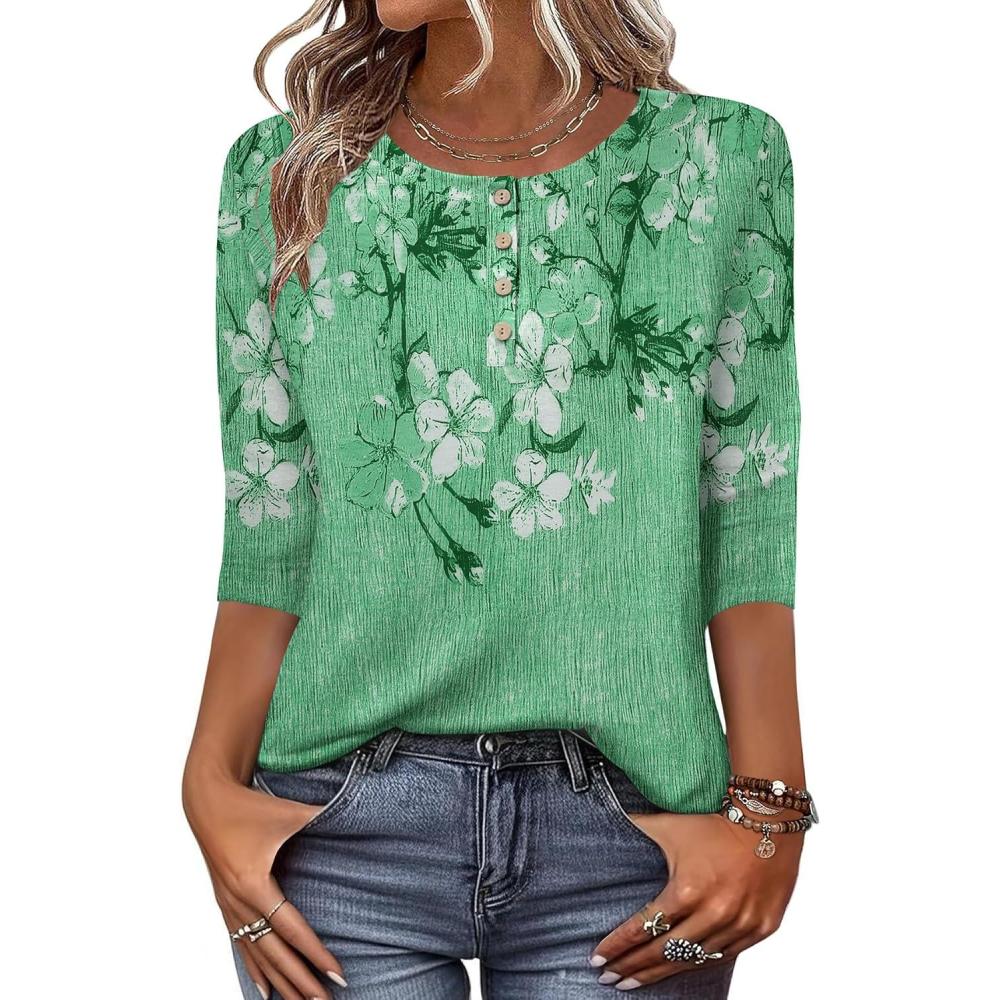 imageZeagoo 34 Length Sleeve Women Tops Crew Neck Blouses Dressy Casual Summer T Shirts Loose Fit Business Work ClothesBf180green Flower