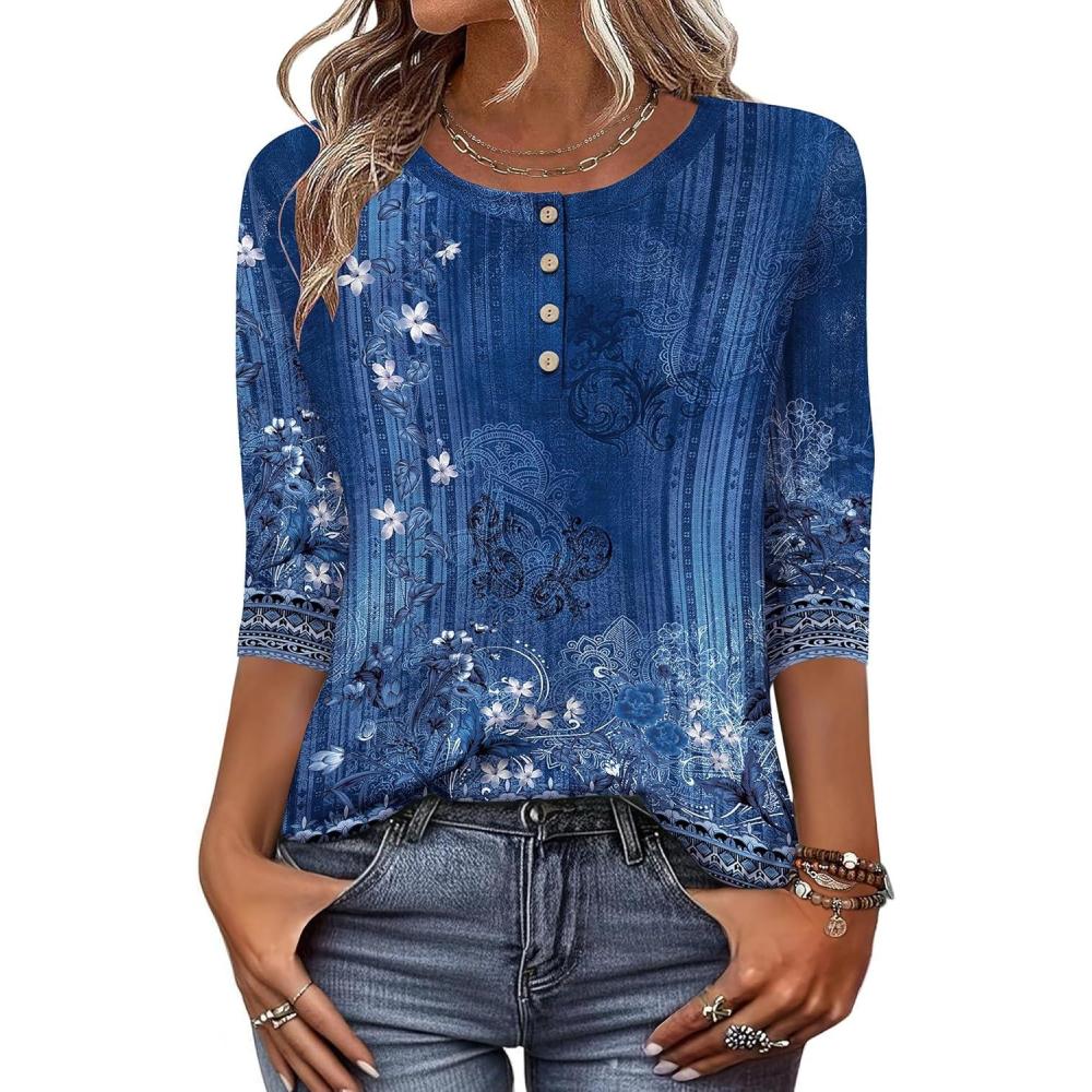 imageZeagoo 34 Length Sleeve Women Tops Crew Neck Blouses Dressy Casual Summer T Shirts Loose Fit Business Work ClothesMz712blue