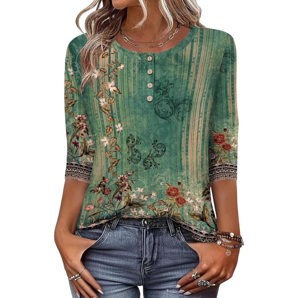 imageZeagoo 34 Length Sleeve Women Tops Crew Neck Blouses Dressy Casual Summer T Shirts Loose Fit Business Work ClothesMz808green