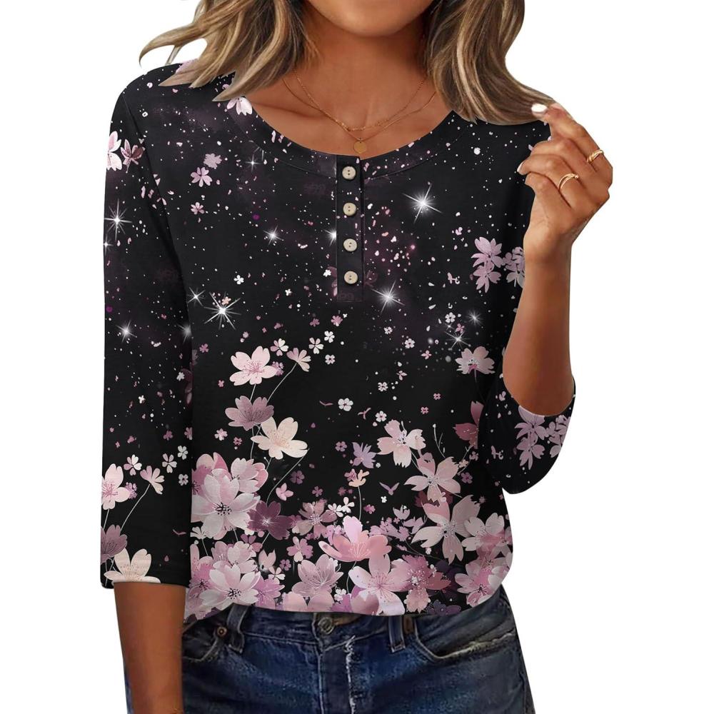imageZeagoo 34 Length Sleeve Women Tops Crew Neck Blouses Dressy Casual Summer T Shirts Loose Fit Business Work ClothesSf31pink Flower