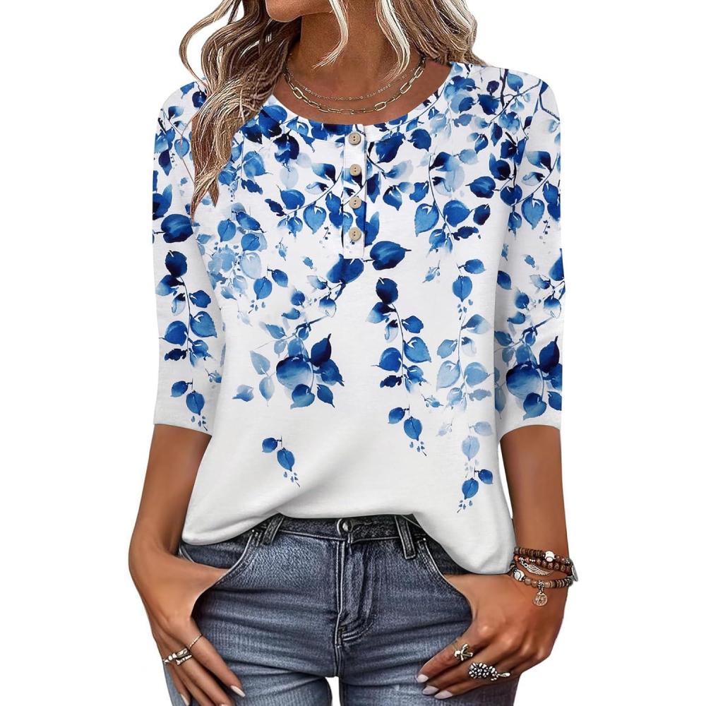 imageZeagoo 34 Length Sleeve Women Tops Crew Neck Blouses Dressy Casual Summer T Shirts Loose Fit Business Work ClothesWf41blue Leaves
