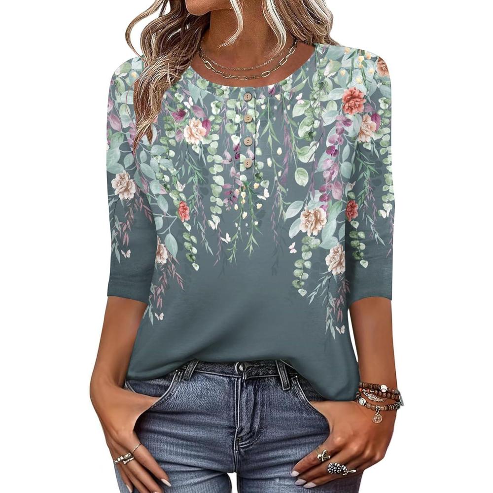 imageZeagoo 34 Length Sleeve Women Tops Crew Neck Blouses Dressy Casual Summer T Shirts Loose Fit Business Work ClothesWf71grey