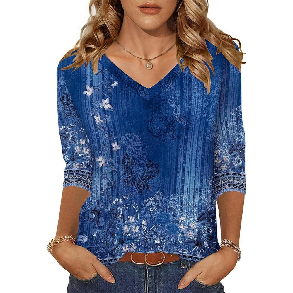 imageZeagoo Womens 34 Length Sleeve Tunic Tops Casual V Neck Shirts Basic Tees Business Work Blouses Summer Fall 2025 ClothesBlue Flowermz712