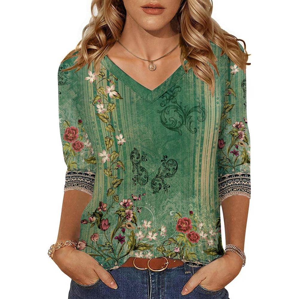 imageZeagoo Womens 34 Length Sleeve Tunic Tops Casual V Neck Shirts Basic Tees Business Work Blouses Summer Fall 2025 ClothesGreen Flowermz808