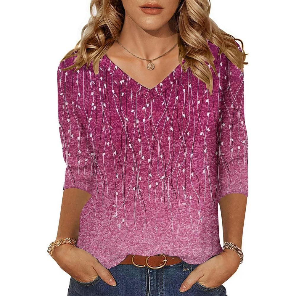 imageZeagoo Womens 34 Length Sleeve Tunic Tops Casual V Neck Shirts Basic Tees Business Work Blouses Summer Fall 2025 ClothesPink Leavesxh370