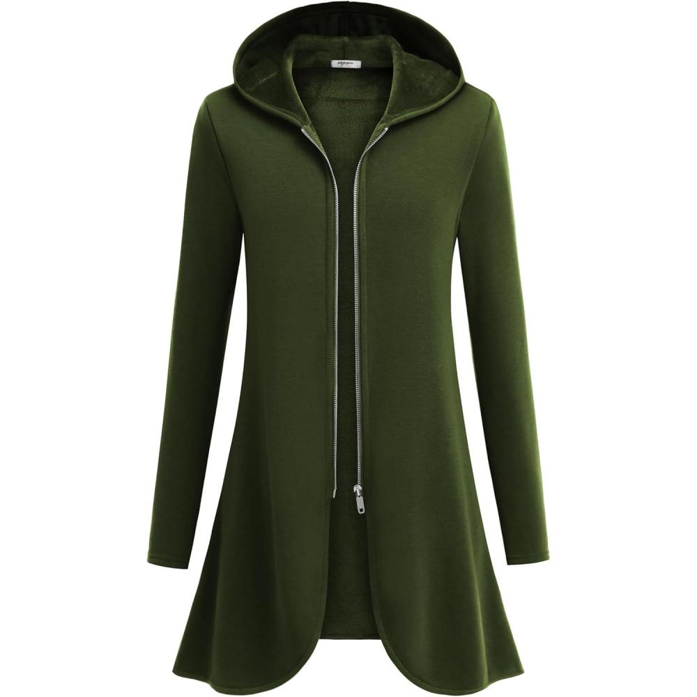 imageZeagoo Womens Long Zip Up Hoodie Lightweight Oversized Tunic Sweatshirt Open Front Cardigan Jacket with PocketsAfleece Fabricarmy Green