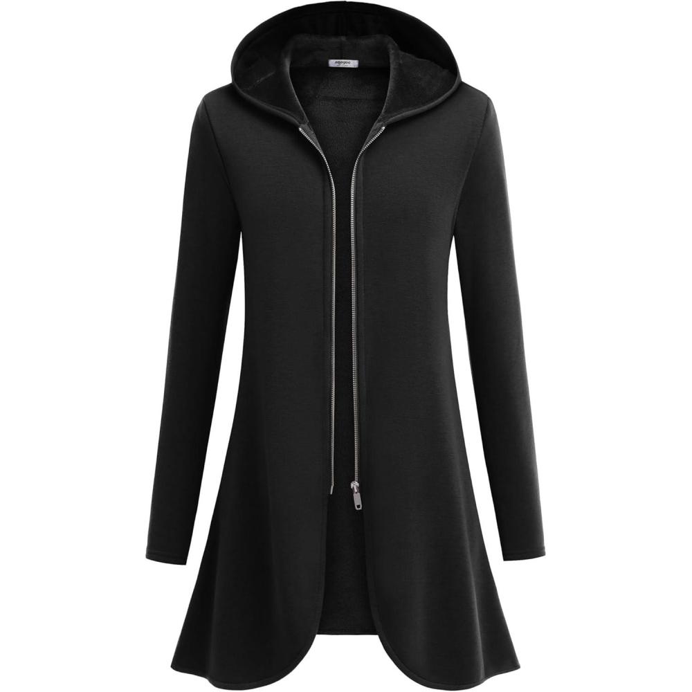 imageZeagoo Womens Long Zip Up Hoodie Lightweight Oversized Tunic Sweatshirt Open Front Cardigan Jacket with PocketsAfleece Fabricblack