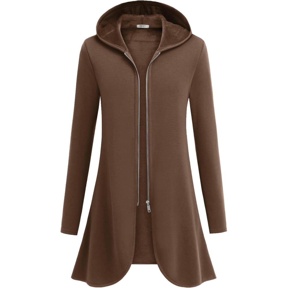imageZeagoo Womens Long Zip Up Hoodie Lightweight Oversized Tunic Sweatshirt Open Front Cardigan Jacket with PocketsAfleece Fabricbrown