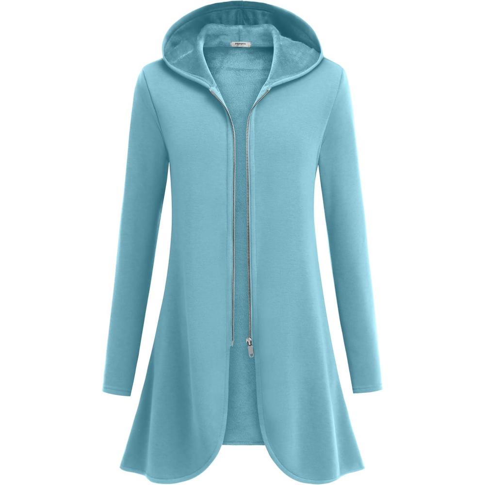 imageZeagoo Womens Long Zip Up Hoodie Lightweight Oversized Tunic Sweatshirt Open Front Cardigan Jacket with PocketsAfleece Fabriclight Blue