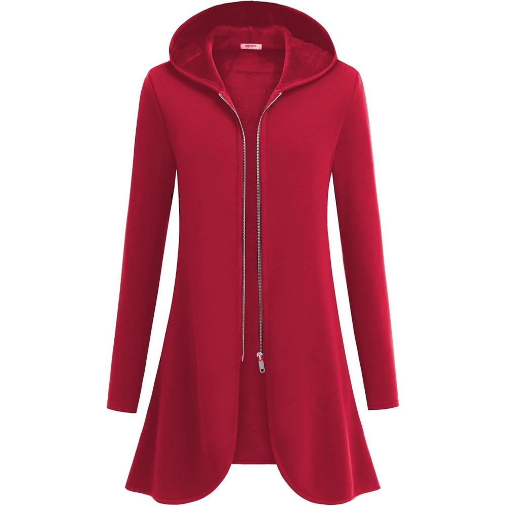 imageZeagoo Womens Long Zip Up Hoodie Lightweight Oversized Tunic Sweatshirt Open Front Cardigan Jacket with PocketsAfleece Fabricred