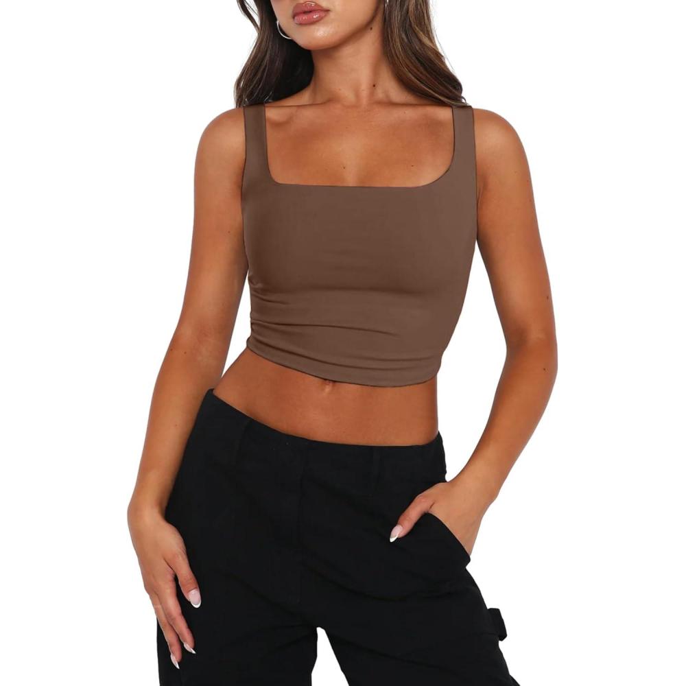 imageZeagoo Womens Square Neck Sleeveless Crop Tops 2025 Cute Double Layer Seamless Slim Fit Y2k Tank TopsBrown