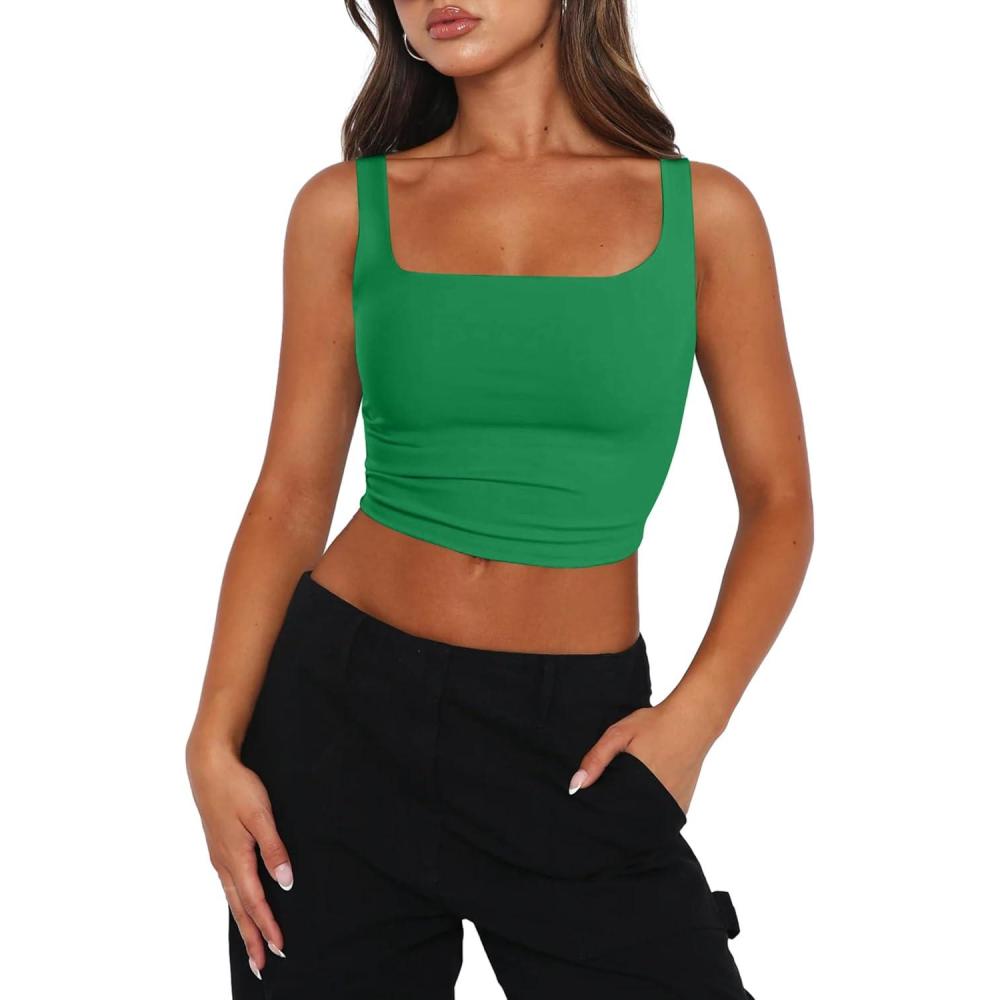 imageZeagoo Womens Square Neck Sleeveless Crop Tops 2025 Cute Double Layer Seamless Slim Fit Y2k Tank TopsGreen