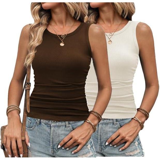 imageZeagoo Womens Tank Tops 2025 Sleeveless Summer Tops High Neck Ribbed Knit Shirts Casual Basic Ruched TopsBeige brown