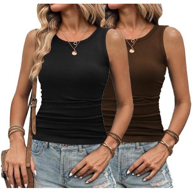 imageZeagoo Womens Tank Tops 2025 Sleeveless Summer Tops High Neck Ribbed Knit Shirts Casual Basic Ruched TopsBlack brown