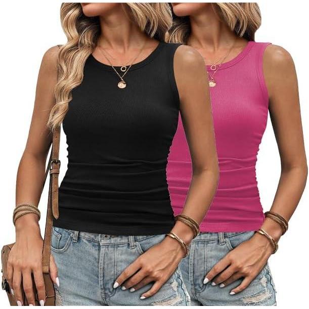 imageZeagoo Womens Tank Tops 2025 Sleeveless Summer Tops High Neck Ribbed Knit Shirts Casual Basic Ruched TopsRose black