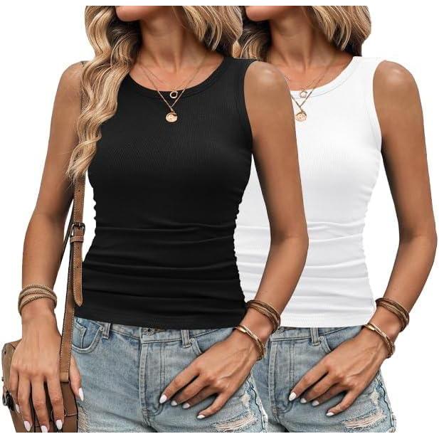 imageZeagoo Womens Tank Tops 2025 Sleeveless Summer Tops High Neck Ribbed Knit Shirts Casual Basic Ruched TopsWhite black