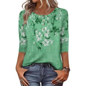 imageZeagoo 34 Length Sleeve Women Tops Crew Neck Blouses Dressy Casual Summer T Shirts Loose Fit Business Work ClothesBf180green Flower