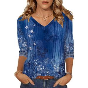 imageZeagoo Womens 34 Length Sleeve Tunic Tops Casual V Neck Shirts Basic Tees Business Work Blouses Summer Fall 2025 ClothesBlue Flowermz712