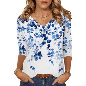 imageZeagoo Womens 34 Length Sleeve Tunic Tops Casual V Neck Shirts Basic Tees Business Work Blouses Summer Fall 2025 ClothesBlue Leavewf41