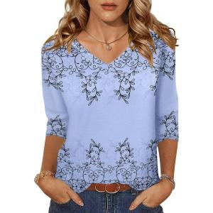 imageZeagoo Womens 34 Length Sleeve Tunic Tops Casual V Neck Shirts Basic Tees Business Work Blouses Summer Fall 2025 ClothesBlue Printedsf166