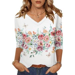 imageZeagoo Womens 34 Length Sleeve Tunic Tops Casual V Neck Shirts Basic Tees Business Work Blouses Summer Fall 2025 ClothesColorful Flowerwf67
