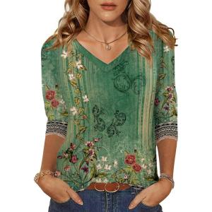 imageZeagoo Womens 34 Length Sleeve Tunic Tops Casual V Neck Shirts Basic Tees Business Work Blouses Summer Fall 2025 ClothesGreen Flowermz808