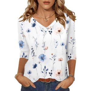 imageZeagoo Womens 34 Length Sleeve Tunic Tops Casual V Neck Shirts Basic Tees Business Work Blouses Summer Fall 2025 ClothesWhite Flowersbf290