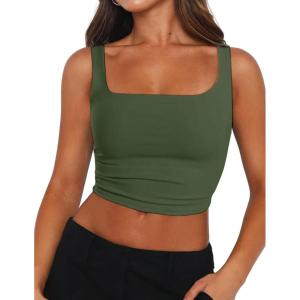 imageZeagoo Womens Square Neck Sleeveless Crop Tops 2025 Cute Double Layer Seamless Slim Fit Y2k Tank TopsArmy Green