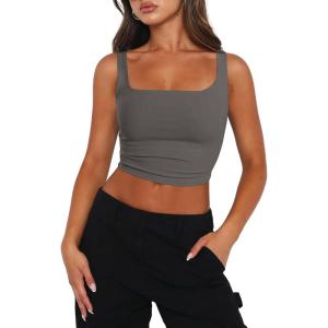 imageZeagoo Womens Square Neck Sleeveless Crop Tops 2025 Cute Double Layer Seamless Slim Fit Y2k Tank TopsDark Grey