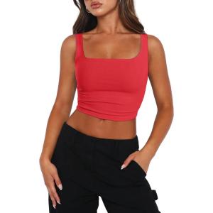 imageZeagoo Womens Square Neck Sleeveless Crop Tops 2025 Cute Double Layer Seamless Slim Fit Y2k Tank TopsRed