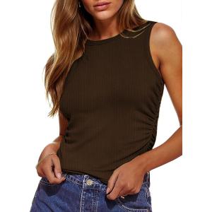 imageZeagoo Womens Tank Tops 2025 Sleeveless Summer Tops High Neck Ribbed Knit Shirts Casual Basic Ruched TopsBrown