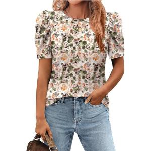 imageZeagoo Blouse for Women Dressy Casual Puff Short Sleeve Boho Tops Fashion Floral Crew Neck Tunic Shirts Summer ClothesBf106