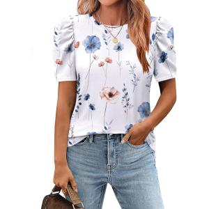 imageZeagoo Blouse for Women Dressy Casual Puff Short Sleeve Boho Tops Fashion Floral Crew Neck Tunic Shirts Summer ClothesBf112
