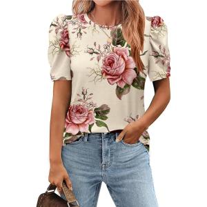 imageZeagoo Blouse for Women Dressy Casual Puff Short Sleeve Boho Tops Fashion Floral Crew Neck Tunic Shirts Summer ClothesBf178