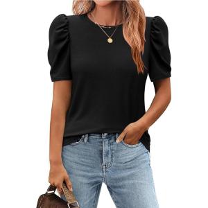 imageZeagoo Blouse for Women Dressy Casual Puff Short Sleeve Boho Tops Fashion Floral Crew Neck Tunic Shirts Summer ClothesBlack