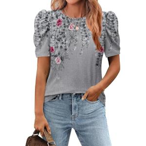 imageZeagoo Blouse for Women Dressy Casual Puff Short Sleeve Boho Tops Fashion Floral Crew Neck Tunic Shirts Summer ClothesHf36