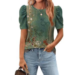 imageZeagoo Blouse for Women Dressy Casual Puff Short Sleeve Boho Tops Fashion Floral Crew Neck Tunic Shirts Summer ClothesMz808