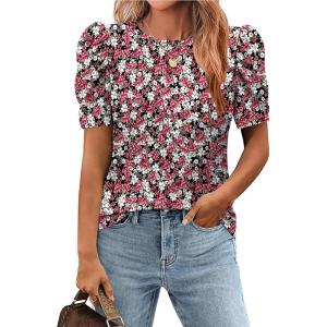 imageZeagoo Blouse for Women Dressy Casual Puff Short Sleeve Boho Tops Fashion Floral Crew Neck Tunic Shirts Summer ClothesPa114