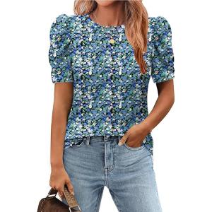imageZeagoo Blouse for Women Dressy Casual Puff Short Sleeve Boho Tops Fashion Floral Crew Neck Tunic Shirts Summer ClothesPa236