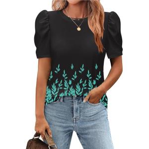 imageZeagoo Blouse for Women Dressy Casual Puff Short Sleeve Boho Tops Fashion Floral Crew Neck Tunic Shirts Summer ClothesPa355