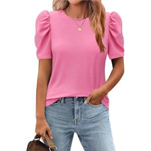 imageZeagoo Blouse for Women Dressy Casual Puff Short Sleeve Boho Tops Fashion Floral Crew Neck Tunic Shirts Summer ClothesPink