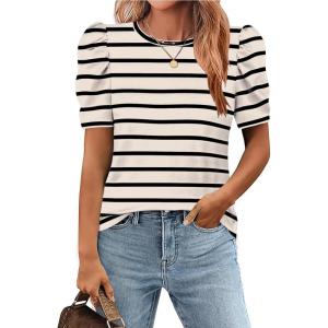 imageZeagoo Blouse for Women Dressy Casual Puff Short Sleeve Boho Tops Fashion Floral Crew Neck Tunic Shirts Summer ClothesTw395