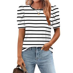 imageZeagoo Blouse for Women Dressy Casual Puff Short Sleeve Boho Tops Fashion Floral Crew Neck Tunic Shirts Summer ClothesTw602