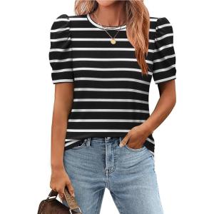 imageZeagoo Blouse for Women Dressy Casual Puff Short Sleeve Boho Tops Fashion Floral Crew Neck Tunic Shirts Summer ClothesTw876