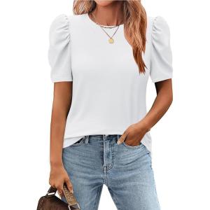 imageZeagoo Blouse for Women Dressy Casual Puff Short Sleeve Boho Tops Fashion Floral Crew Neck Tunic Shirts Summer ClothesWhite