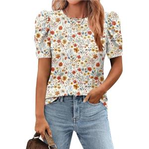 imageZeagoo Blouse for Women Dressy Casual Puff Short Sleeve Boho Tops Fashion Floral Crew Neck Tunic Shirts Summer ClothesXh376