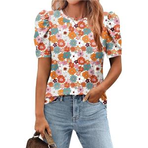 imageZeagoo Blouse for Women Dressy Casual Puff Short Sleeve Boho Tops Fashion Floral Crew Neck Tunic Shirts Summer ClothesXh378