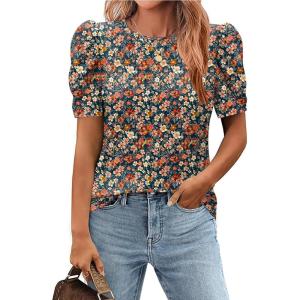 imageZeagoo Blouse for Women Dressy Casual Puff Short Sleeve Boho Tops Fashion Floral Crew Neck Tunic Shirts Summer ClothesXh464